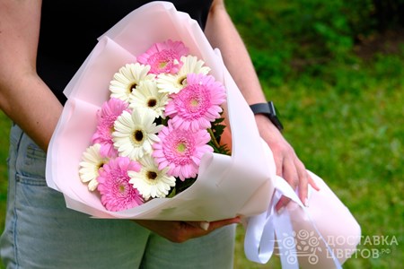 Букет из 11 бело-розовых гербер "Розовая магия"