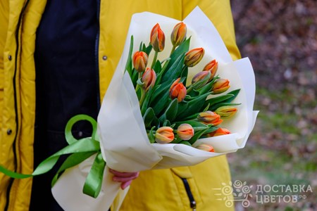 Букет из 15 тюльпанов "Оранжевые тюльпаны в пленке"