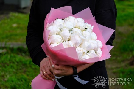 Букет из 25 белых пионов в пленке "Белые пионы"