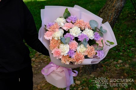 Букет из 25 гвоздик с эвкалиптом "Разноцветные гвоздики"