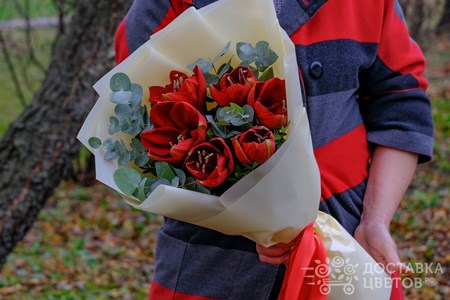 Букет из 3 амариллисов с эвкалиптом "Красные амариллисы"