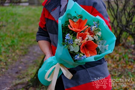 Букет из амариллиса и оксипеталума "Цветочный символ"