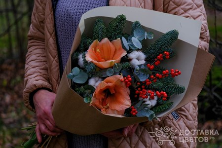 Букет из персикого амариллиса,еловых веток и хлопка "В гостях у зимы"