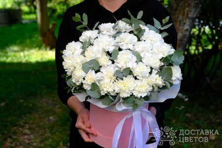 Композиция из 25 гвоздик с эвкалиптом в коробке "Белые гвоздики "