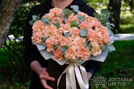 Композиция из 25 гвоздик с эвкалиптом в коробке "Кремовые гвоздики"