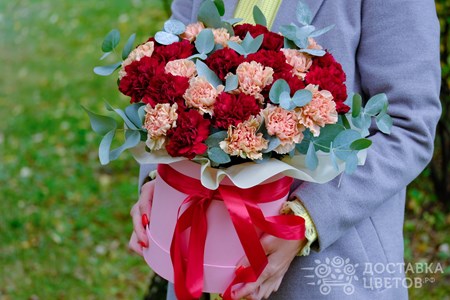 Композиция из 25 кремовых и бордовых гвоздик в коробке "Кремовые и бордовые гвоздики"