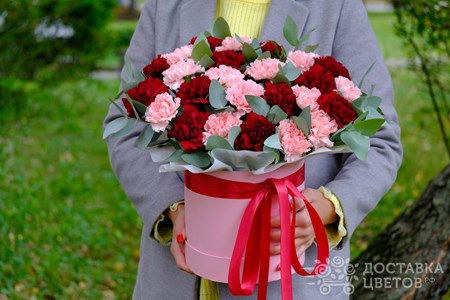 Композиция из 25 розовых и бордовых гвоздик в коробке "Розовые и бордовые гвоздики"