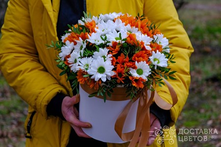 Композиция из 5 хризантем в коробке "Каменный замок"