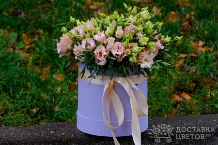 Композиция из 7 эустом с зеленью в коробке "Персиковая эустома в коробке"