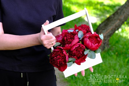 Композиция из 7 красных пионов с эвкалиптом в ящике "Красные пионы"